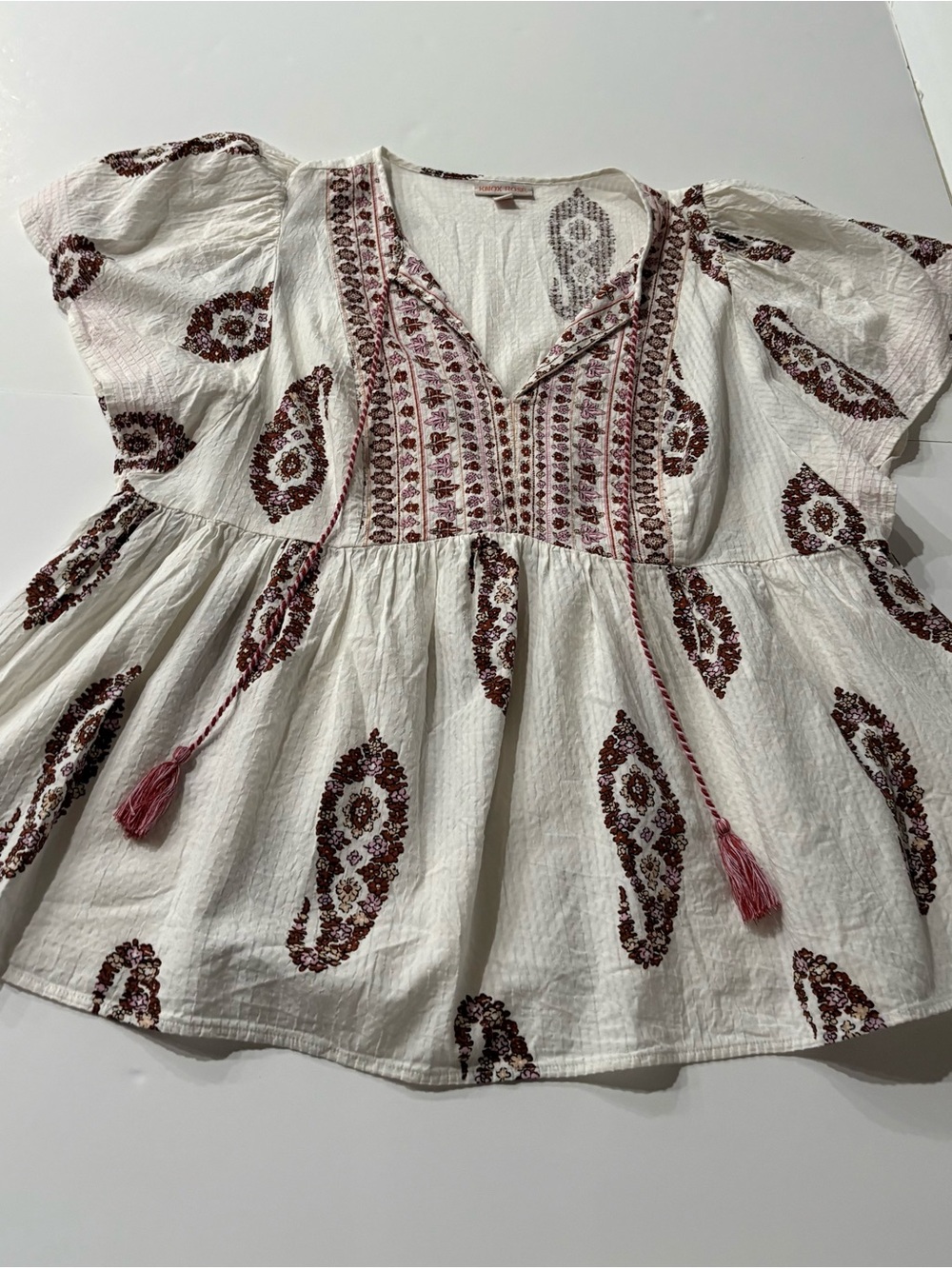 Boho Embroidered Peasant Top — White with Burgundy Print size XXL